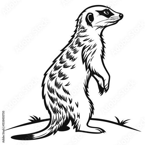 Alert meerkat stands upright looking intently in a black and white stylized vector