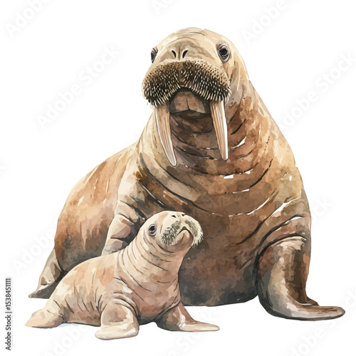 A Mother Walrus With Her Kid, watercolor drawing vector, isolated on a white background.