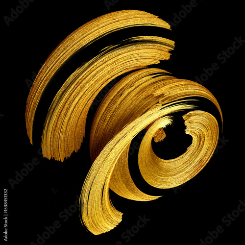 3D rendering, abstract curved calligraphic brushstroke. Wavy streak. Splash of gold paint, liquid metallic splatter, isolated on a black background