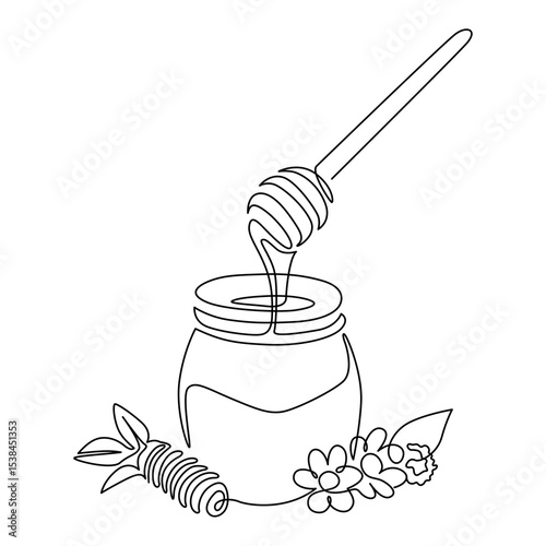 Honey jar & honey dipper line art.  Dripping honey line art. Hand drawn vector illustration with editable stroke. Isolated on transparent background.

