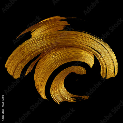 3D rendering, abstract curved calligraphic brush stroke. Splash of gold paint, liquid metallic splatter, isolated on a black background