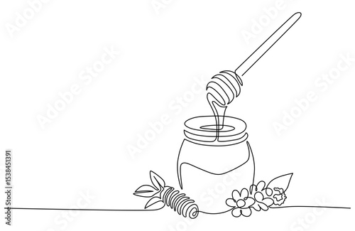 Honey jar & honey dipper line art.  Dripping honey line art. Hand drawn vector illustration with editable stroke. Isolated on transparent background.
