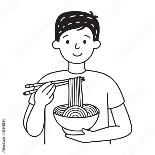 A bowl of udon served before a person grasping chopsticks