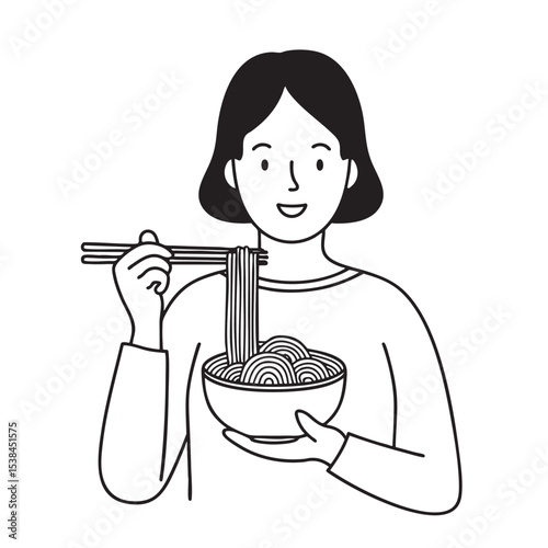 A bowl of udon placed in front of someone holding chopsticks