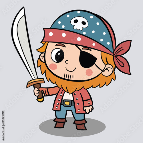 Cute captain pirates holding sword cartoon illustration