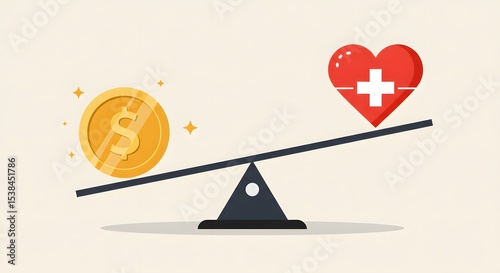 Balance Scale Comparing Money and Health in Flat Vector Design