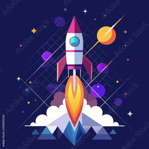Cartoon Rocket Launching into Space with Stars and Planets Illustration