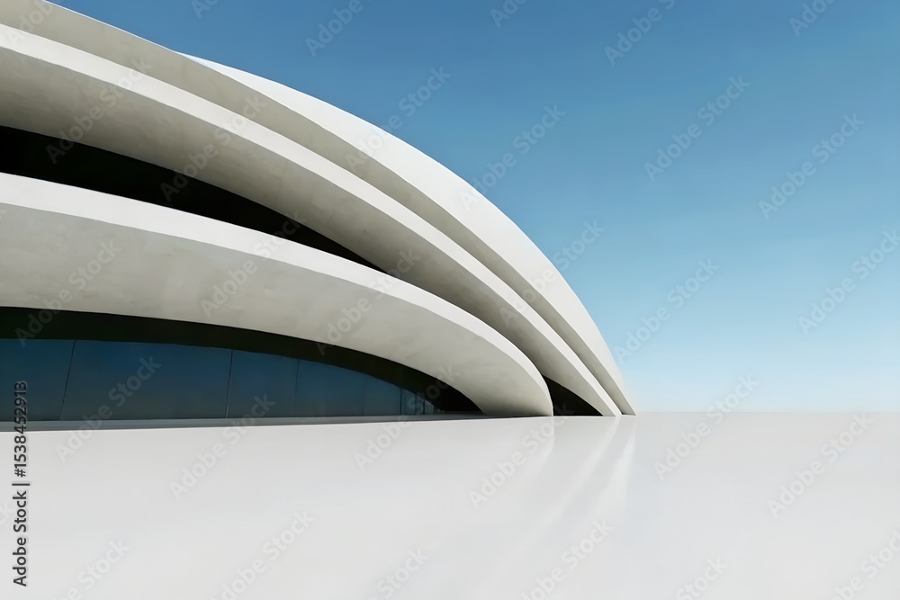 Fototapeta premium Futuristic White Architectural Structure with Curved Overlapping Layers Against Clear Blue Sky