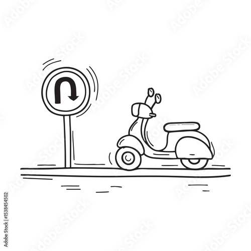 A scooter making a turn close to a U turn mark