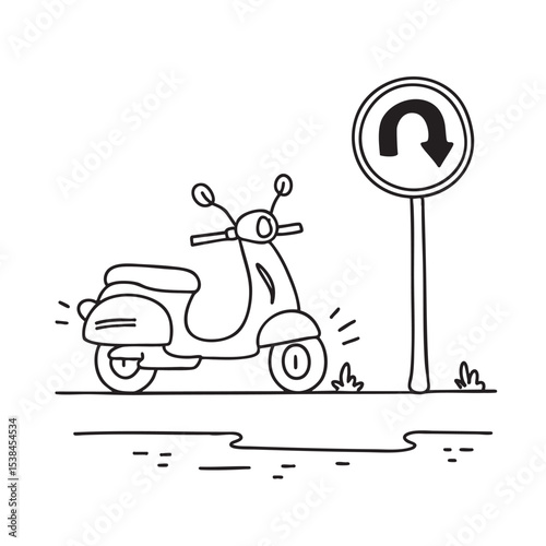 A scooter turning near a U turn symbol on the road