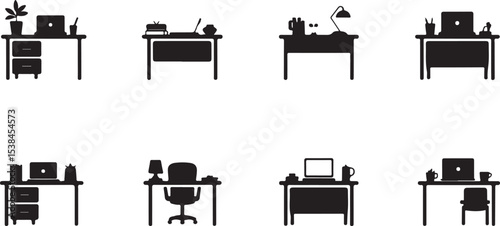 Collection of Simple Office Workspace Silhouettes, A set of nine simple, black and white silhouette illustrations of office desks vector art on white