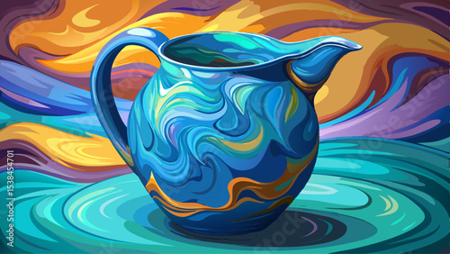 The surface of the ceramic jug. Covered with colored glaze. Rich shades of blue, turquoise color. Blurred image Very beautiful
