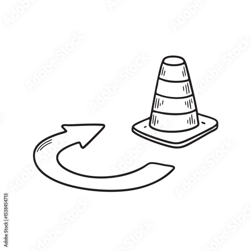 A traffic cone placed beside a painted U turn symbol