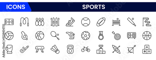 Dynamic vector web line icons depicting sports, athletic gear, competition, fitness, and energetic activities for enthusiasts and athletes.