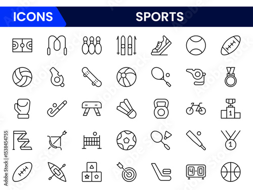 Dynamic vector web line icons depicting sports, athletic gear, competition, fitness, and energetic activities for enthusiasts and athletes.