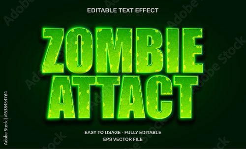 Zombie attack text, editable text effect template, futuristic green shiny glow movie style typeface