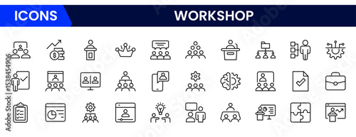 Creative vector web line icons depicting workshop tools, collaboration, skill-building, innovation, and hands-on learning for productive environments.