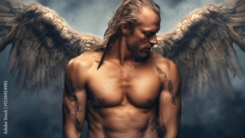 Fallen Angel Warrior Cinematic: Muscular Man with Wings, Divine Power in Dark Fantasy Myth. Tattooed Hero Concept 4K Animation.