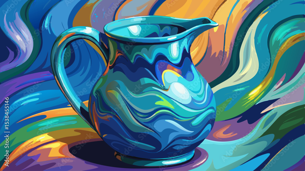 The surface of the ceramic jug. Covered with colored glaze. Rich shades of blue, turquoise color. Blurred image Very beautiful