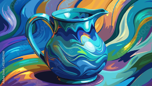 The surface of the ceramic jug. Covered with colored glaze. Rich shades of blue, turquoise color. Blurred image Very beautiful