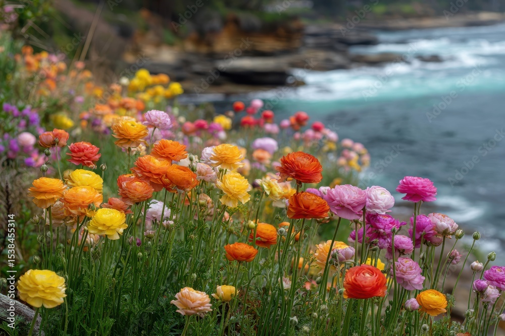 Fototapeta premium Coastal garden beauty: stunning ranunculus flowers flourishing on the vibrant shoreline