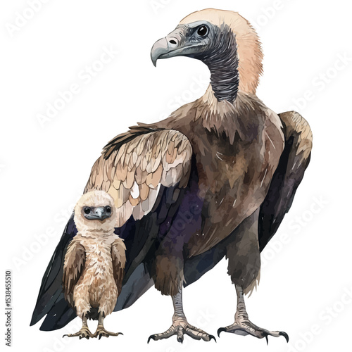 watercolor vector of A Mother Vulture With Her Kid, isolated on a white background.