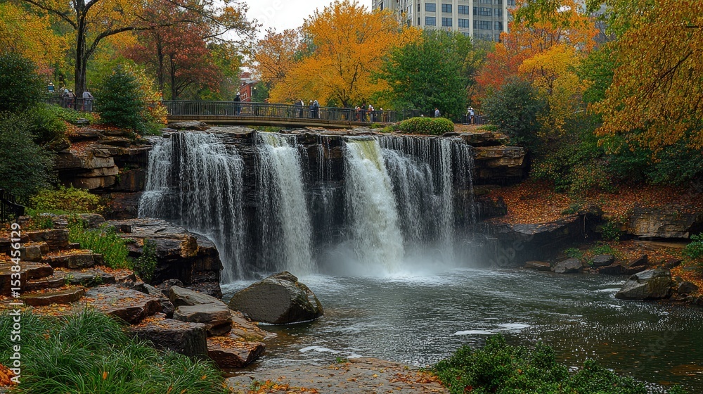 Obraz premium Autumn Waterfall Park Scene with People