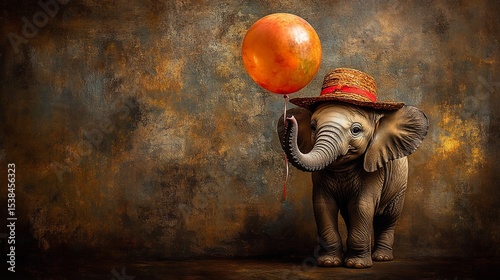 A young elephant, wearing a straw hat and holding a balloon, against a textured backdrop