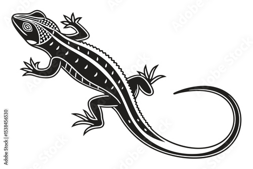 Elegant black lizard showcasing intricate line work against a stark white backdrop creates a captivating effect