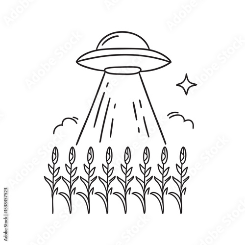 A UFO hovering behind tall cornstalks in a field