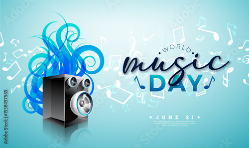 World Music Day Banner Illustration with Loudspeaker, Musical Notes and Typography Letter on Blue Background. Vector International June 21 Festival Design Template for Post Card, Greeting Card