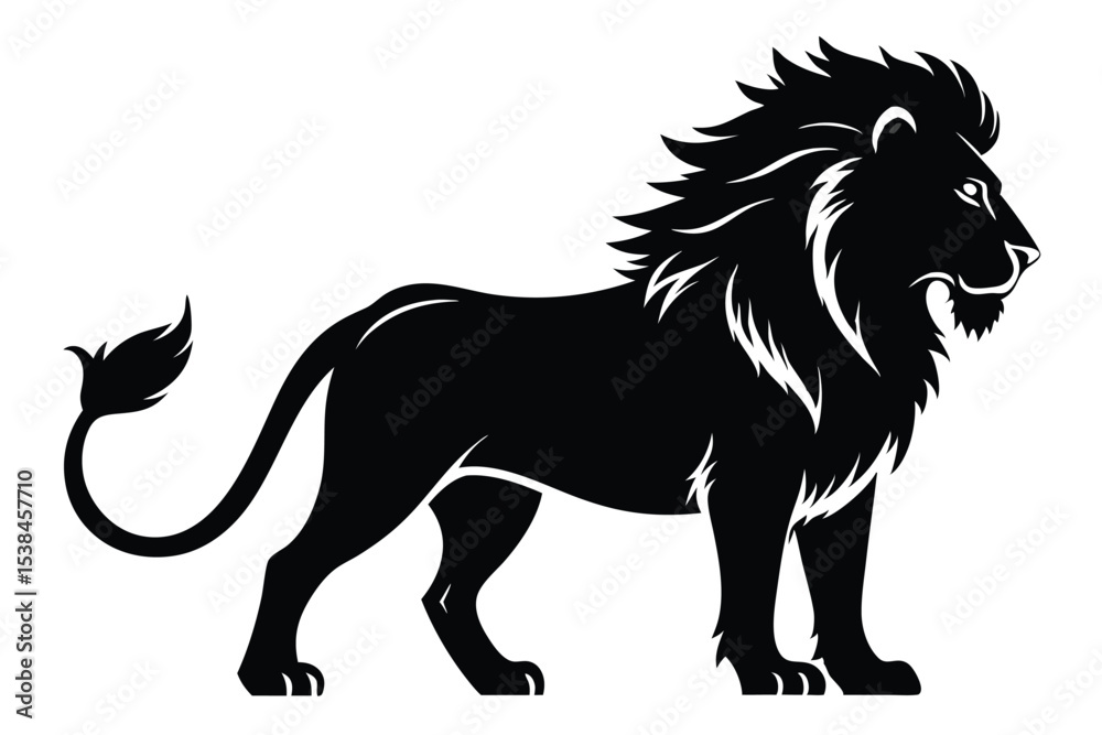 Obraz premium Majestic lion stands powerfully, its black silhouette showcasing strength and a regal mane