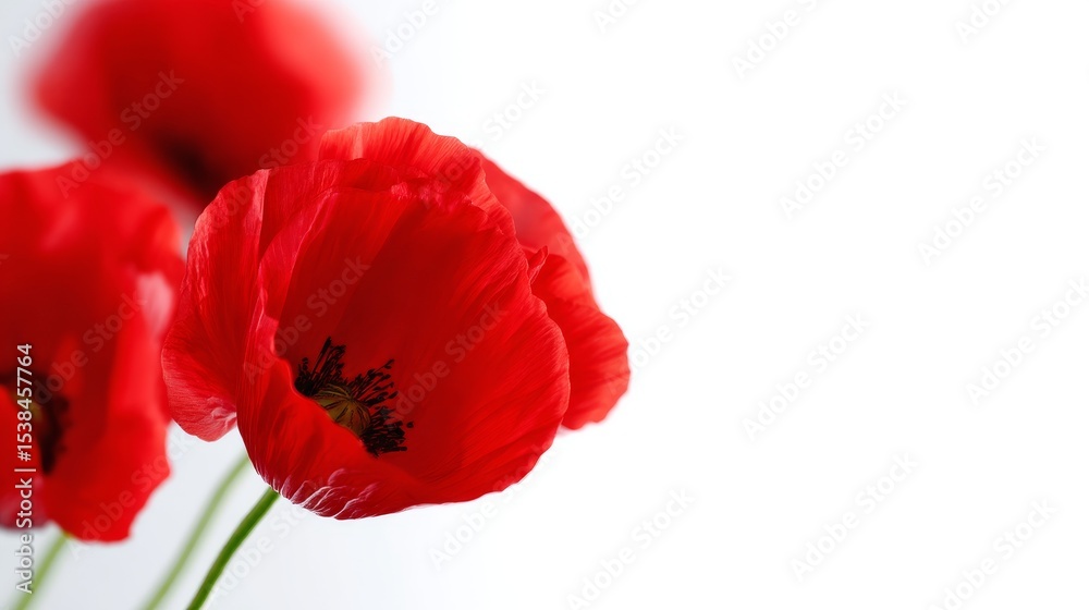 Obraz premium Vibrant red poppy flowers stand out against a bright white background. This image captures the beauty and elegance of nature in a minimalist style. Perfect for decoration and design projects. AI