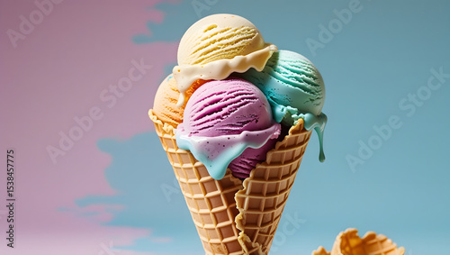 A delicious scoop of colorful ice cream in a waffle cone, melting slightly in the summer sun, on a bright pastel background, high-resolution, realistic food photography, perfect for advertising or pac