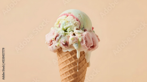 A delicious scoop of colorful ice cream in a waffle cone, melting slightly in the summer sun, on a bright pastel background, high-resolution, realistic food photography, perfect for advertising or pac