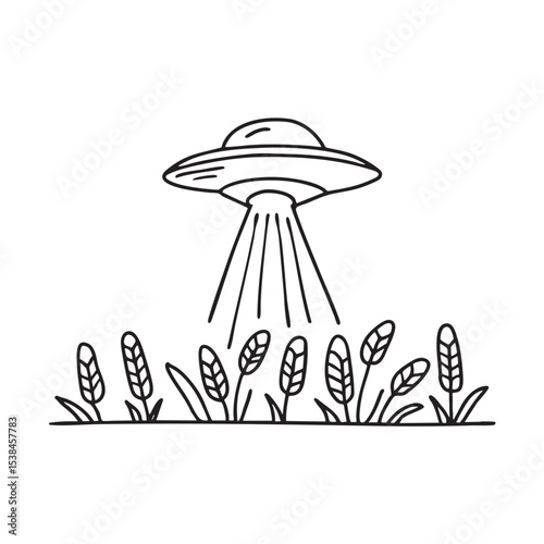 A UFO seen floating behind rows of corn