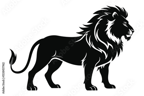 Noble lion, depicted in a striking black silhouette, stands regally against a stark background