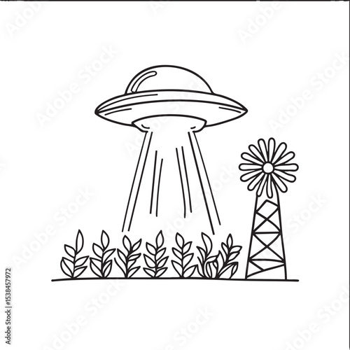 A UFO behind a cornfield windmill in the distance