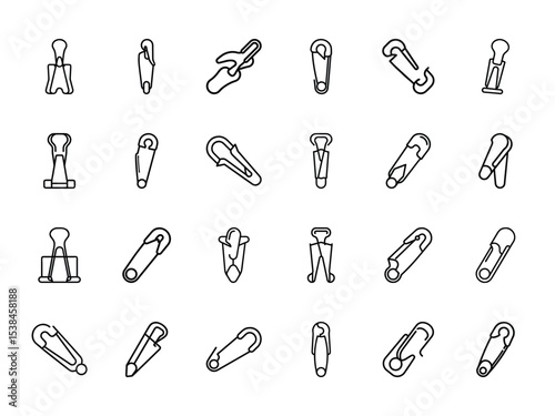 Bundle of Paperclip and Safety Pin Silhouettes in Minimal Line Style on White Background – Vector Icons of Binder Clips, Fasteners, and Office Stationery