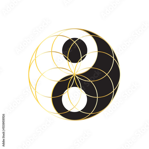 Yin yang golden. Balance harmony symbol. Traditional chinese vector. Philosophy circle design.