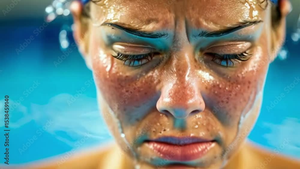 Stress, headache, or face of woman swimmer when exercising, anxious, or exhausted. Tired, tired, or sick athlete with sport injury, migraine, or head ache upset by training.