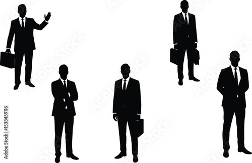 Silhouette of five businessmen in suit, holding briefcase, standing pose, professional office attire, isolated vector illustration, black and white design