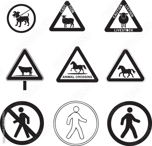 Black and White Animal and Pedestrian Traffic Signs Collection