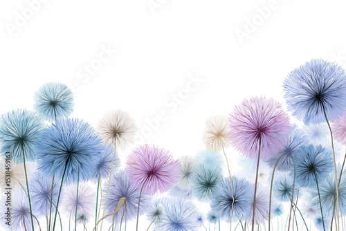 cluster of delicate pastel-colored dandelions blossoms isolated on white background