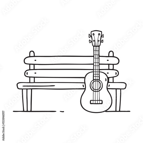 A ukulele resting against a wooden bench on the porch