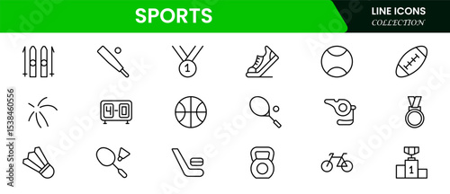 Dynamic vector web line icons depicting sports, athletic gear, competition, fitness, and energetic activities for enthusiasts and athletes.