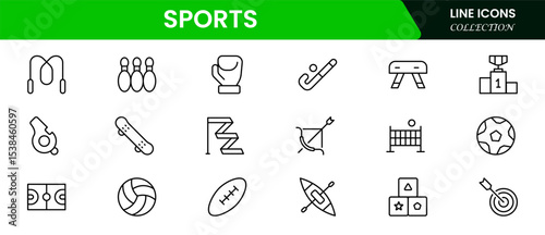 Dynamic vector web line icons depicting sports, athletic gear, competition, fitness, and energetic activities for enthusiasts and athletes.