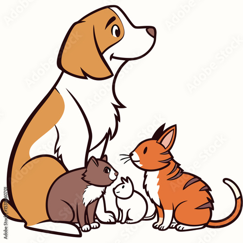 Cute, happy, funny cartoon cat and dog animal friends with a wagging tail illustration