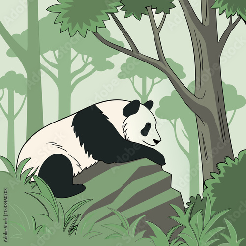 Cute giant panda bear eating bamboo leaves in a vibrant green forest, illustrating Asian wildlife