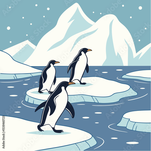 An adorable Antarctic penguin glides through the snow and ice, a true symbol of polar wildlife in winter
